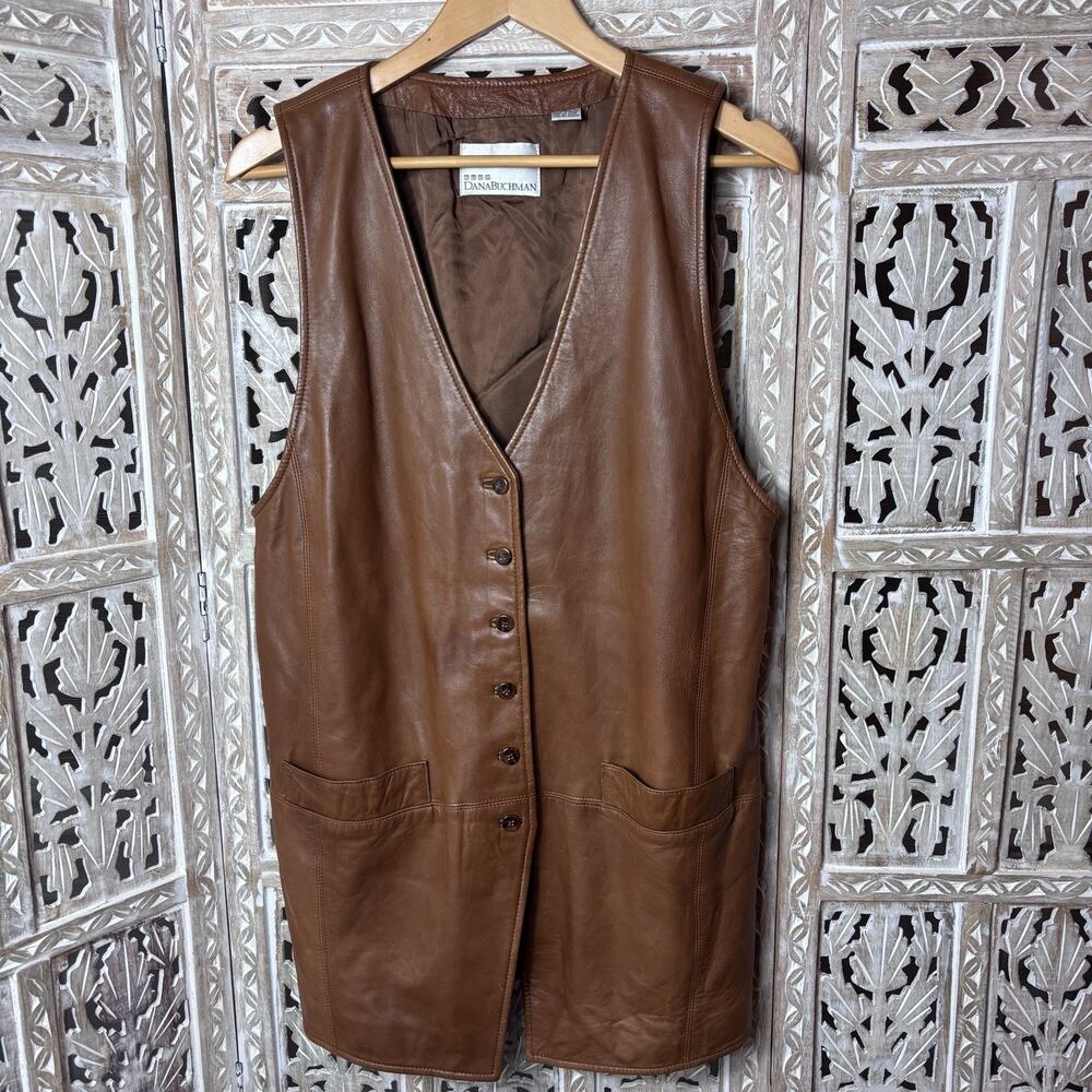 Vintage Dana Buchman Women's Butter Soft Long Brown Leather V-Neck Vest LARGE